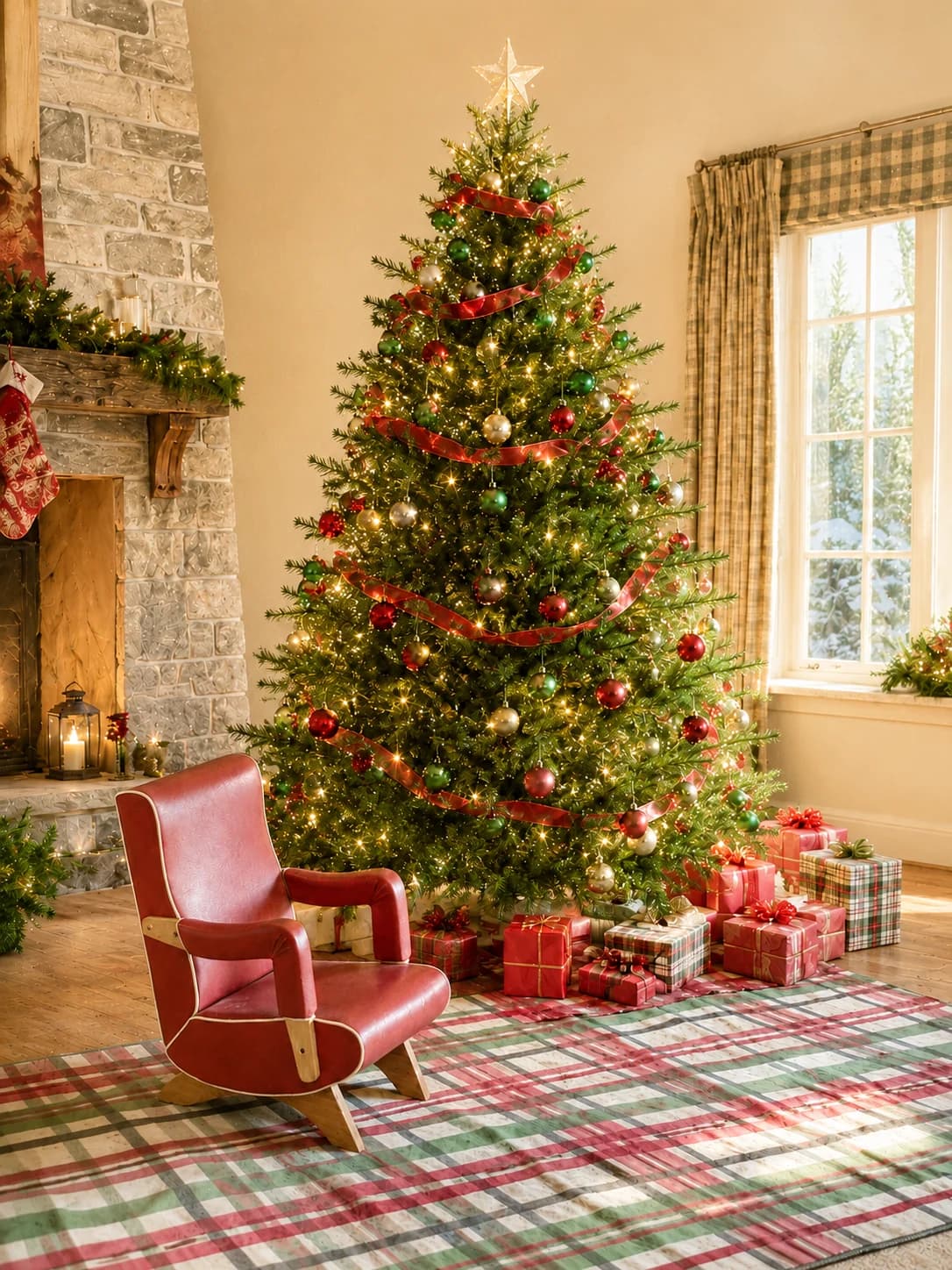 Cozy Christmas tree farm holiday scene with a red chair, decorated tree, and warm morning light.